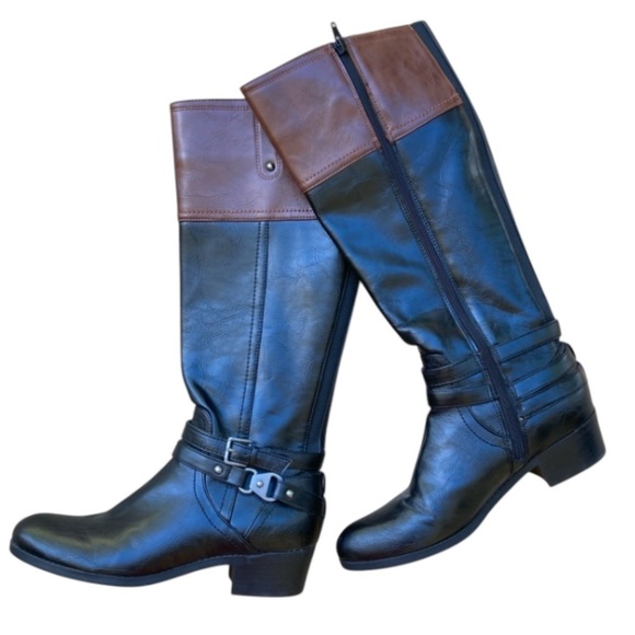 Unisa Boots Black Brown Tall Riding Faux Leather Heel Size 7.5 - Picture 2 of 4
